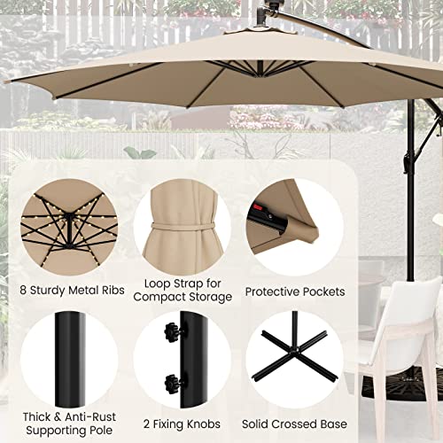 Tangkula 10Ft Solar Offset Umbrella, Tilted Cantilever Hanging Umbrella With 112 Led Lights, Lighted Patio Sun Shade With Crank Handle, Outdoor Market Umbrella For Poolside, Backyard & Deck (Beige) #TOP6