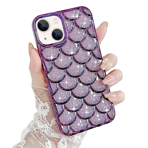 LCHULLE for iPhone 13 Case Cute 3D Mermaid Scale Pattern Bling Glitter for Women Girls Shiny Plating Soft TPU Silicone Cover Shockproof Protective Phone Case for iPhone 13 6.1 inch Glitter Purple