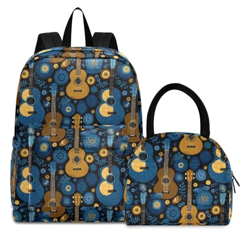 Cartoon Guitar Print Backpack Set with Lunch Bag, Large Capacity Travel Backpacks and Lunch Box Insulated for Commute Hiking Picnic