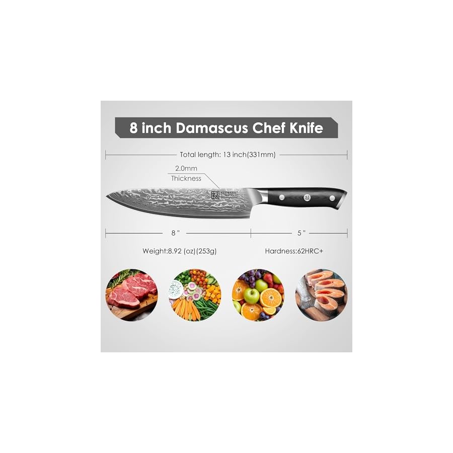 KEEMAKE-Chef-Knife-8-Inch-Damascus-Kitchen-Knife-67-Layers-Damascus-Steel-Knife-Japanese-VG10-Core-Razor-Sharp-Chefs-Knife-with-Ergonomic-G10-Handle-Cooking-Knife-for-Meat-Vegetable KEEMAKE Chef Knife, 8 Inch Damascus Kitchen Knife, 67 Layers Damascus Steel Knife Japanese VG10 Core, Razor Sharp Chefs Knife with Ergonomic G10 Handle, Cooking Knife for Meat Vegetable