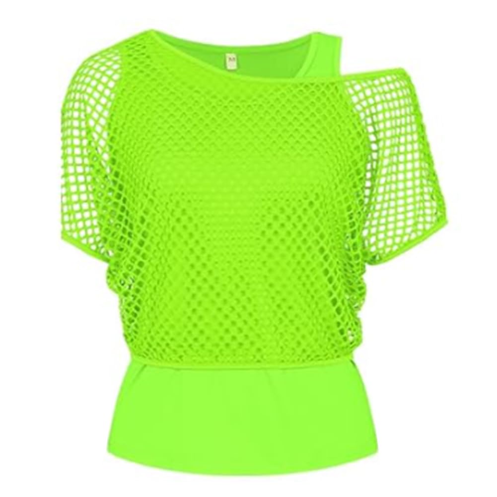 AYBUY 80s Fancy Fishnet Top & Tank Top Off The Shoulder T-Shirt (Green, L)