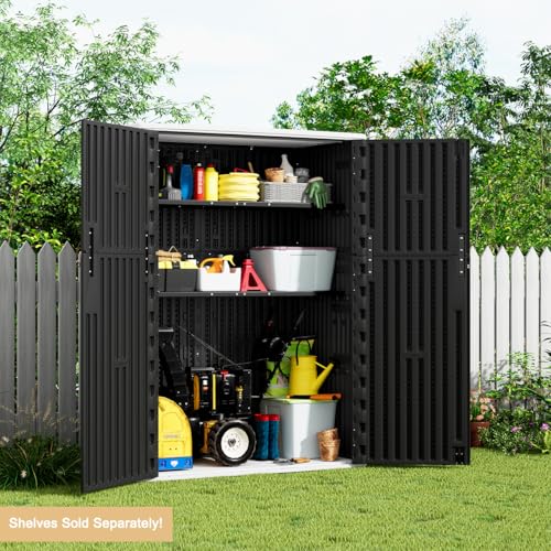 Image of KINYING Outdoor Vertical Storage Shed,57 Cu.ft Outdoor Storage Cabinet Waterproof,Resin Sheds & Outdoor Storage Clearance for Garden,Patio,Backyard,Lockable (Black)