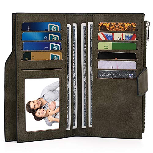 UTO RFID Wallet for Women PU Matte Leather Card Holder Organizer Zipper Coin Purse with Snap Closure Army Green2