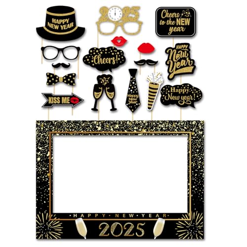 SWYOUN Glitter Happy New Year's Eve 2025 Party Photo Booth Props Supplies with Photo Frame(Pack of 17)