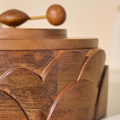 Image of Brick Brown Wooden Dial Masala Box with Lid | Spice Box Organizer Storage Box with 7 Stainless Steel Containers & Wooden Spoon | Hand-Carved Masala Dani Spice Rack for Kitchen 8.5x 8.5 x 4.5 Inch