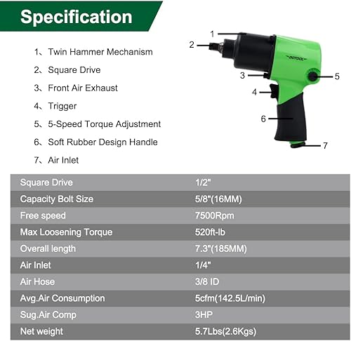 Miniatura 7 de Llave de impacto neumática de 12 pulgada, 5 velocidades, accionamiento cuadrado neumático, resistente, 520 pies-libras, par de aflojamiento máximo,
