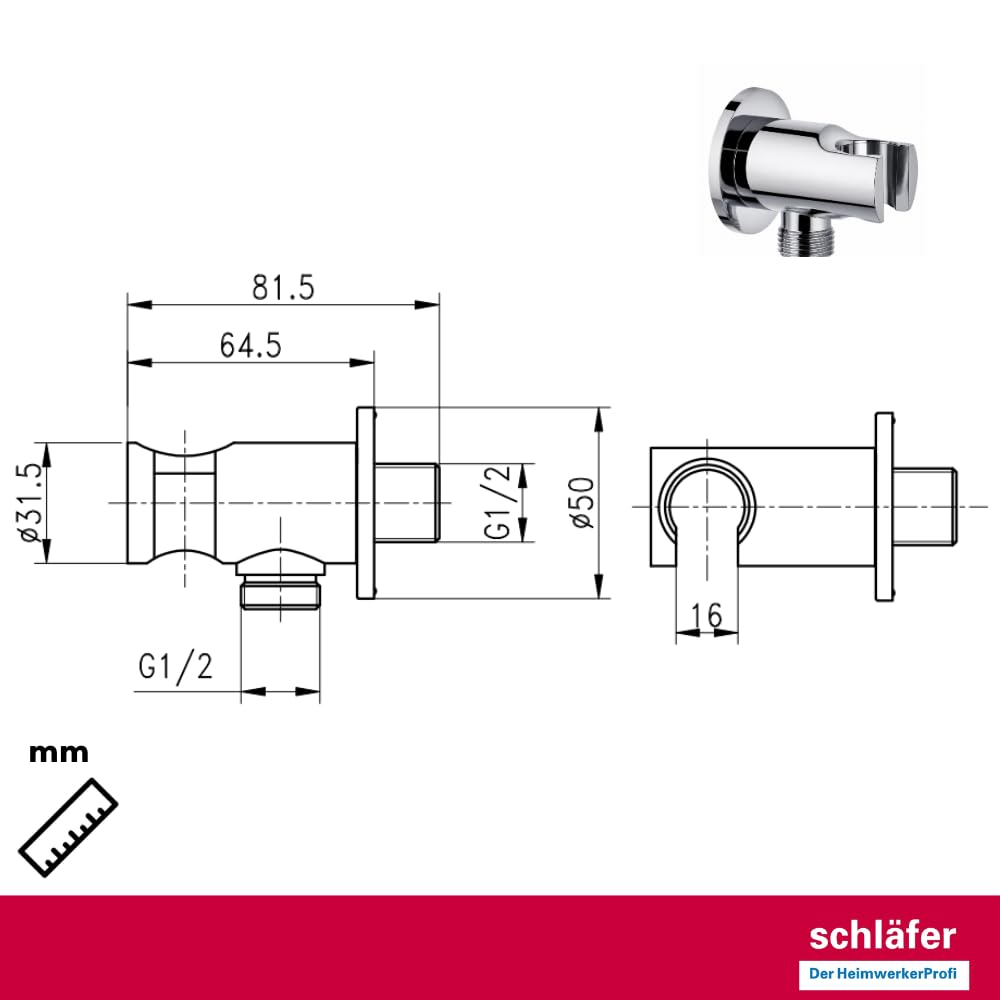 Schläfer 814420 | Presa Acqua Doccia Quadra con supporto per Doccetta Cromo, Uscita Acqua Parete G 1/2" - Ø 20,86 mm, Raccordo Gomito per Flessibile Doccetta in Ottone Design Moderno
