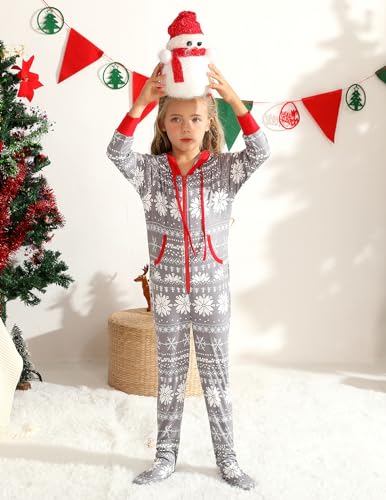 Image of Veseacky Family Christmas Pajamas Matching Sets Adult Onesie Zipper Hooded Footed One-Piece Pjs Jumpsuits