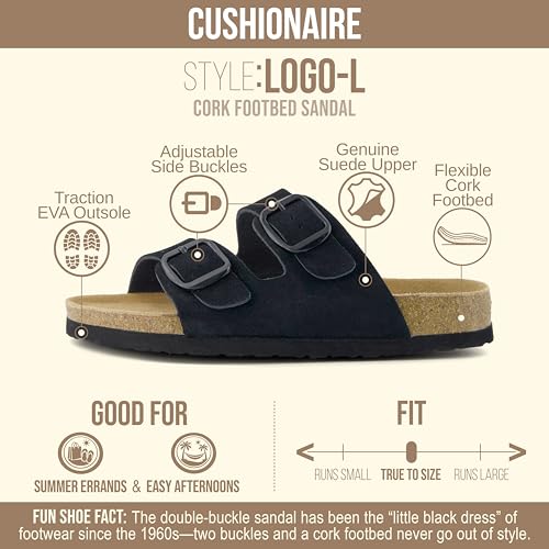 Image of CUSHIONAIRE Logo 100% Genuine Leather Suede Slides for Women, Cushioned Cork Footbed Womens Sandals with Adjustable Buckles and Memory Foam