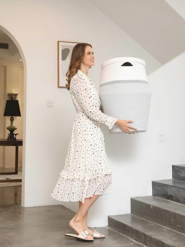 Image of Storage Cotton Rope Basket and Laundry Hamper for Dirty Clothes, Towels, Blankets, Pillows Storage in Living Room, Laundry Room and Bedroom (Grey White With Lid, 15x18 Inch)