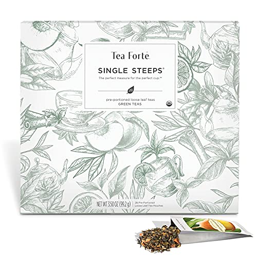 Tea Forte Organic Green Teas Single Steeps Tea Chest Variety Gift Box, Loose Tea Sampler With 28 Assorted Teas #TOP2