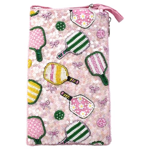 Bamboo Trading BTC Pickleball Chic Phone Pouch Beaded & Sequined Sporty Crossbody Pink