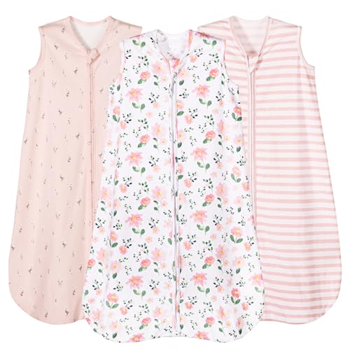 Image of PHF Soft Baby Sleep Sack 6-12 Months 100% Organic Cotton Wearable Blanket, 2-Way Zipper 0.5 TOG Toddler Sleeping Sack 3 Pack, Comfy Sleep Bag for Baby Girls, Pink Floral (Medium)