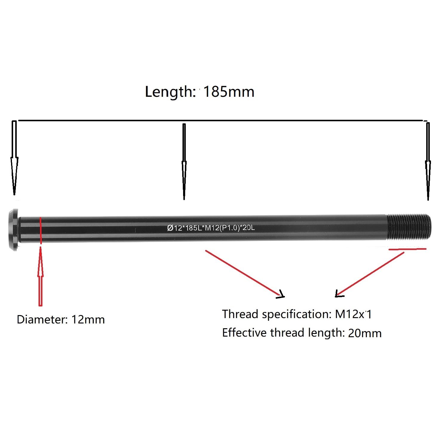 Tissting Perno Passante per Bici, 12mm M12 x 1.0/1.5/1.75 Perno Passante in Lega di Alluminio Adattatore per Perno Passante Forcella Anteriore a Sgancio Rapido (12x185LxM12(P1.0) x20L)