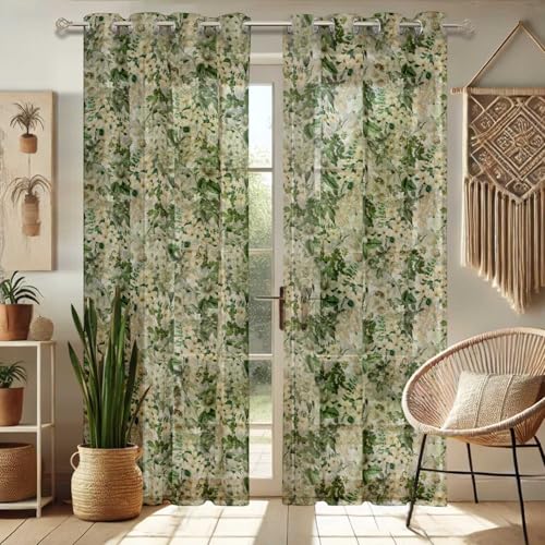 Vargottam Flowers Print Sheer Curtains for Short Windows – Set of 2 Panels, 63" Length, Grommet Top, Printed Georgette, Light Filtering Drapes for Kitchen or Bedroom