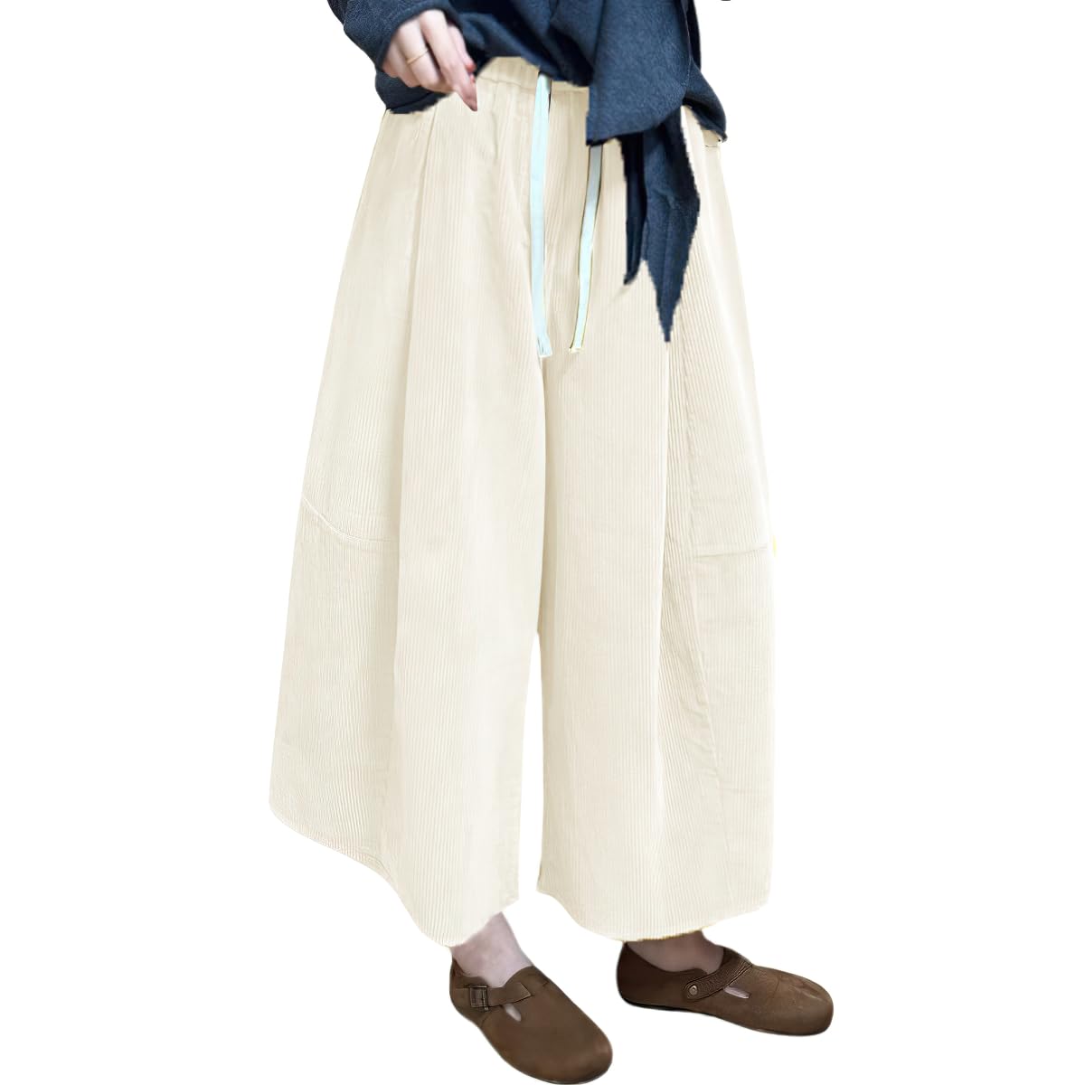 chouyatou Womens Fall Winter Corduroy Culottes Cropped Pants Elastic High Waisted Loose Wide Leg Palazzo