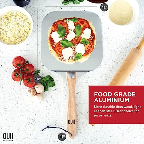 OUII Aluminum Pizza Peel 12 x 14 Inch with Foldable Handle - Metal Paddle Spatula and 14\'\' Blade Pizza Cutter Set - Pizza Oven Accessories for Ooni, Great for Turning, Baking Stone Tools - Thumbnail 3