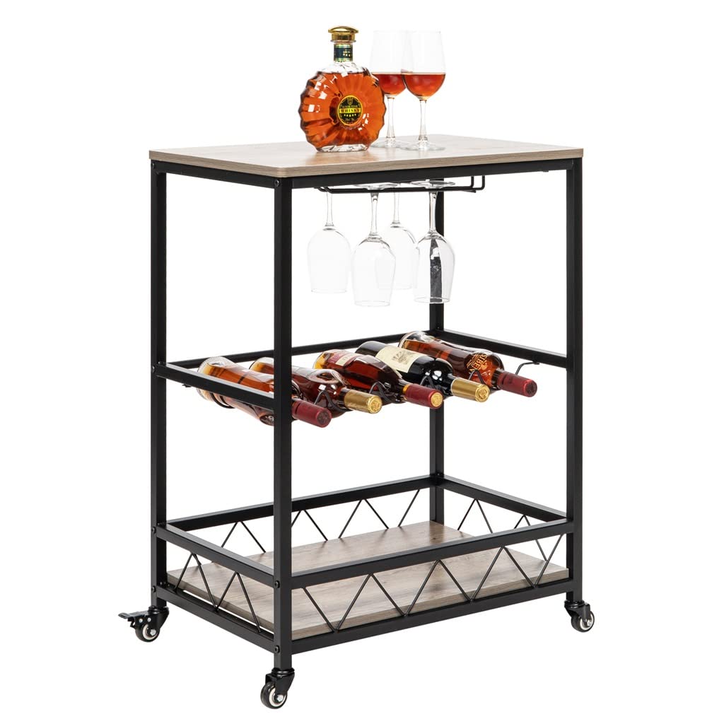 Chariot Chariot de Service de Bar, Chariot de Service de Cuisine Mobile, Chariot de Service en Bois et métal de Style Vintage Industriel (D 80 x 40 x 90 cm)