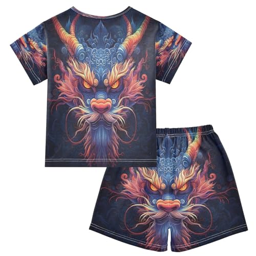 ALAZA Colored Dragon Black Pajamas Set Short Sleeve Cotton Sleepwear Summer Pjs 2 Piece 5-14Y2