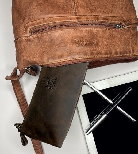 Image of Rustic Town Leather Pencil Case - Full Grain Leather Zippered Pen Pouch - Stationery Bag Pen Holder for Work & Office