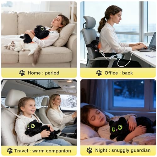 Image of Black Cat Heating Pad Plush, Cute Stuffed Animal Electric Heating Pad, USB Powered Heated Plush with 3 Heat Levels & Timer, Soft Warm Cat Pillow Cushion Gift for Women Teen Girls Christmas