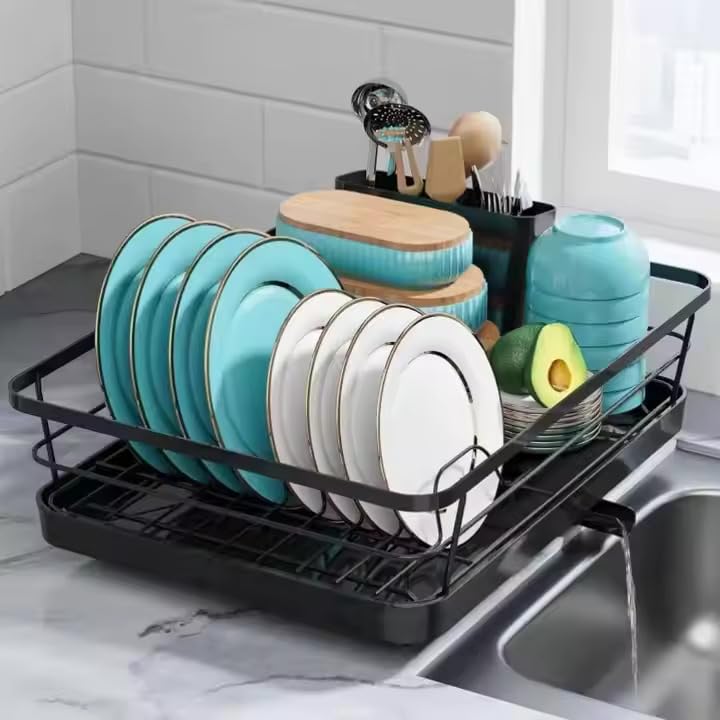 Image of HAKKU Black Dish Drainer Rack with Drip Tray, Stainless Steel Draining Dish Rack Drainer with Draining Board and Utensils Holder (Modern Black Rack)