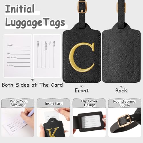 Initial Luggage Tags for Suitcases, Cute Embroidered Letter Luggage Bag Suitcase Identifier Name Baggage Tag, PU Leather Travel Luggage Tags, Bag Tags for Men Women Kids Luggage Handbags(Black C)3