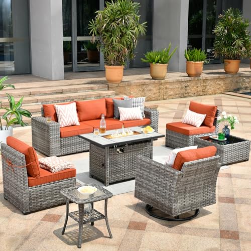 HOOOWOOO 9 Piece Modular Patio Outdoor Sectional Furniture Set with Large Propane Fire Pit Table,Wicker Conversation Sofa Set with Swivel Chairs,Outside Couch Set(Orange Red)