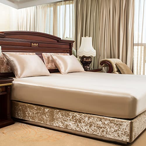 100% 22mm Silk Fitted Sheet Queen Size, PROMEED New 3rd Gen 22 Momme Mulberry Silk Bed Bottom Sheet 1pc with 16-Inch Deep Pocket (Champagne, Queen)