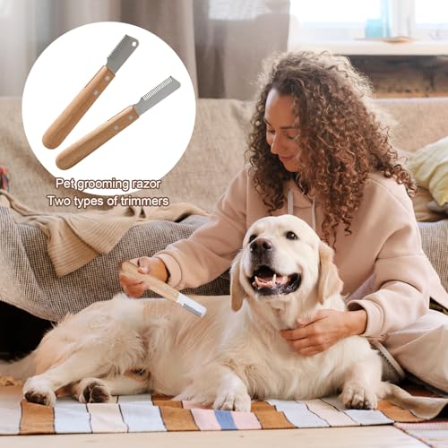 Trimmmesser Set für Hunde & Katzen, 2-Teiliger Satz Trimmmesser für Hunde mit Holzgriff + Tierhaarentferner Handschuh, Messer Hundekamm Trimmkamm Feiner & Grober Kamm Werkzeug für Haustierpflege