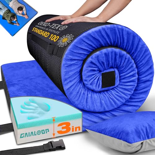 Image of GAIALOOP 3 Inch Memory Foam Camping Mattress, Dual Layer Thick Sleeping Camp Pad for Car Tent Cot, Roll-Up Portable Glamping Floor Bed for Guests Sleepover