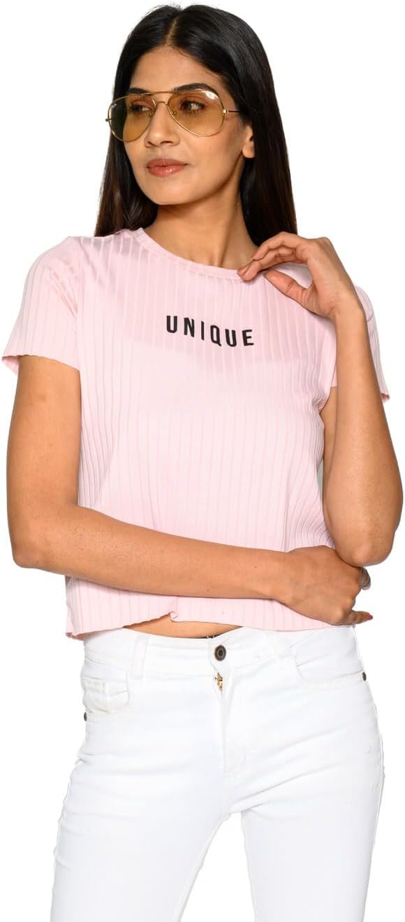 AMADORE Women Printed Round Neck Viscose Rayon Pink T-Shirt