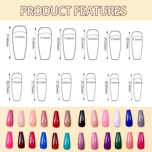 Image of 576Pcs Long Coffin Press on Nails 24 Solid Color Stick on Nails Glossy False Nail Colorful Full Cover Glue on Nail Set for Women Nail Tip DIY