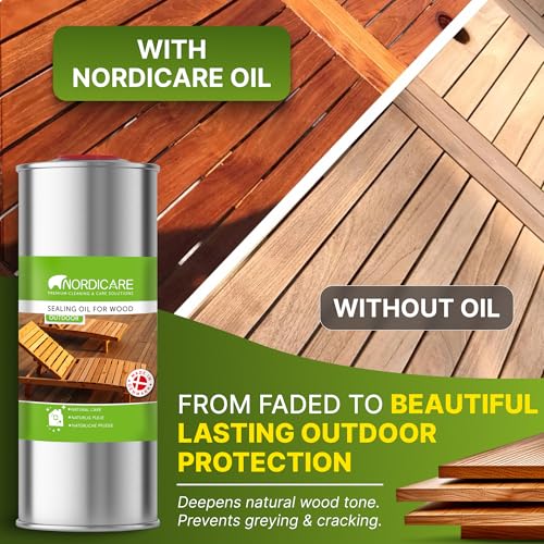Nordicare Sealing Wood Oil for Outdoor Garden Furniture - Teak Oil for Wood Outdoor Furniture - Suitable for All Outdoor Types of Wood, for Wood Exterior Protection - Easy to Apply 34 Oz