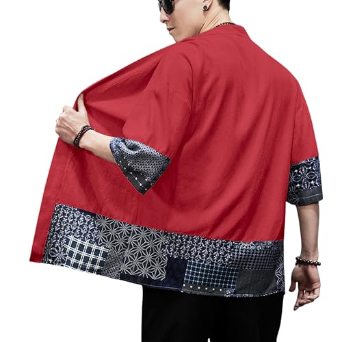 Image of PRIJOUHE Men's Kimono Jackets Cardigan Lightweight Casual Cotton Blends Linen Seven Sleeves Open Front Coat Outwear