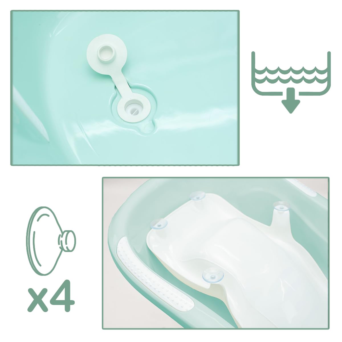 Olmitos - Cubeta Bañera para Bebé | Incluye Reductor Antideslizante y Termómetro de Agua, válvula de vaciado y cacito para agua | Desde 0+ Meses (Menta)