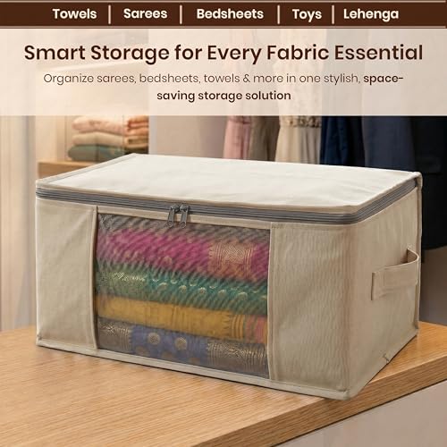 Image of Lukzer Cotton Canvas Large Saree Cover Bags for Storage with Zip & Transparent Mesh Window /Clothes Organizer for Wardrobe - Set of 06 | Saree Bags Designed for Lehengas /Blankets /Dresses - 44x31x19 CM