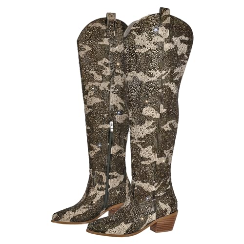 richealnini Women's Embroideried Rhinestones Western Cowboy Boots Sparkley Stretchy Long Shaft Wide Calf Thigh High Boots