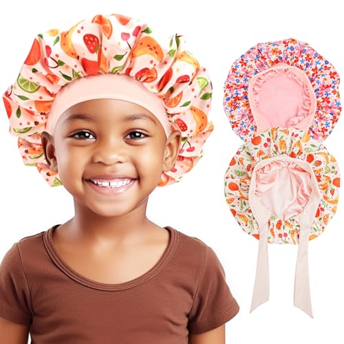 Lolalet 2 Bonnet de Nuit Enfants en Satin, Bonnet Satin Cheveux Nuit Enfant avec Bande Élastique Réglable, pour Enfants de 5 à 12 Ans -Fruit Fleur