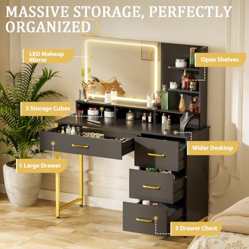 Image of LUCKRACER Vanity Desk with LED Lights Mirror, Black Makeup Vanity with Storage Drawers and Shelves, Modern Dressing Table for Women Girls Bedroom, Black