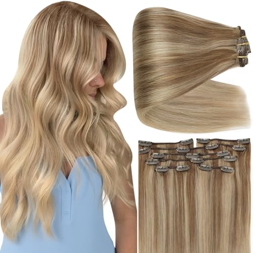 Image of Full Shine Clip in Hair Extensions Real Human Hair, 20 Inch 150g 7Pcs | Golden Blonde Highlight Dirty Blonde Thick Hair Extensions, Double Weft Human Hair for Natural Blend, Everyday Wear
