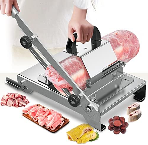 Manual Meat Slicer-Stainless Steel Meat Food Slicer Telescopic Fixed Baffle Food Meat Slicer U-shaped Support Frame Meat Chopper Slicer Suitable for Meat Ribs Vegetables Frozen Meat