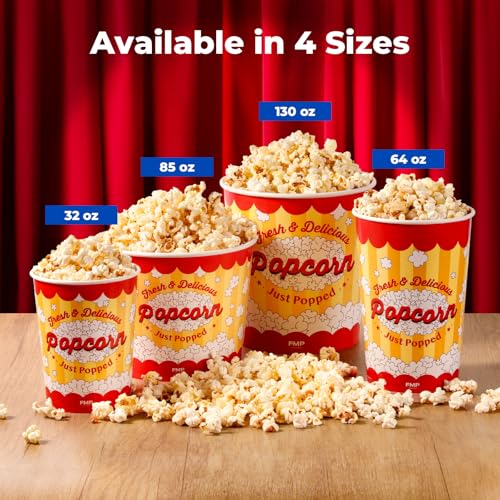 Image of Fit Meal Prep 150 Pack Large Popcorn Buckets Disposable, 130 Oz Yellow and Red Paper Popcorn Containers Tubs for Home and Theater Movie Night