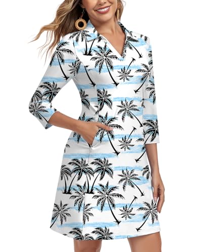 Image of WOWENY 3 /4 Sleeve Dress for Women with Pockets V Neck UPF 50+ Casual Sun Dress Breathable Quick Dry Beach Vacation
