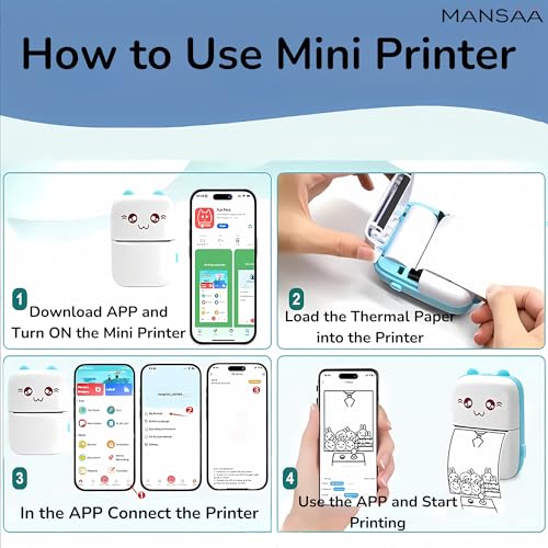 Image of MANSAA Mini Thermal Printer, Portable Bluetooth Pocket Printer for Android & iOS, Cute Cat Inkless Thermal Printer, USB Rechargeable Sticker & Label Printer for Notes, Study & Photos (White Pink)