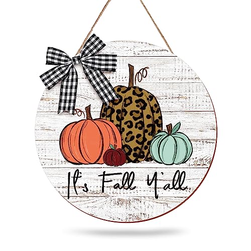 Whaline Fall Pumpkin Wooden Door Sign It's Fall Y'all Front Door Decor with Bow Thanksgiving Autumn Wood Door Hanger Rustic Farmhouse Hanging Sign for Autumn Harvest Holiday Home Office Window