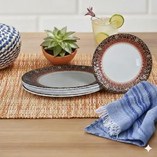 Image of Melamine Quarter Plates | Round Half Plate | Microwave Safe | Break Resistant | Plates for Snacks, Lunch, Dinner | Plates for Home, Office, Restaurant | Set of 6 | 7 Inch's (RED Diamond)