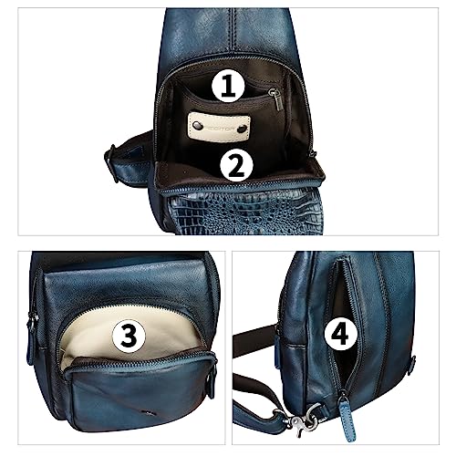 Image of Genuine Leather Sling Bag Embossed Crocodile Pattern Leather Crossbody Sling Backpack Handmade Chest Purse Daypack (Navy Blue)