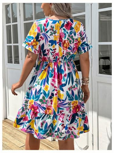 Image of Floerns Women's Plus Size Summer Vacation Wrap V Neck Short Sleeve Ruffle Hem A Line Hawaiian Short Dress