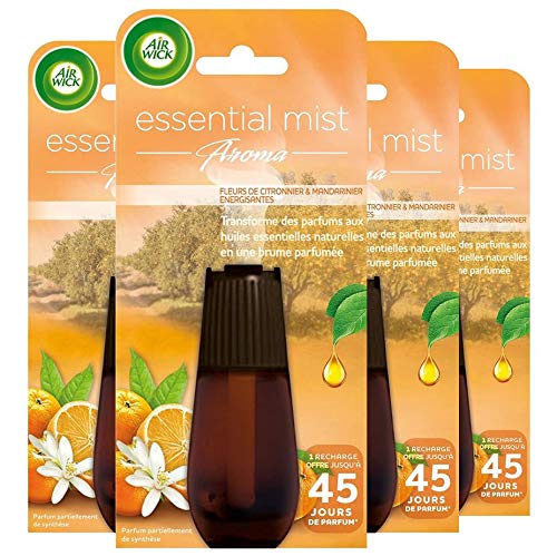 Air Wick Recharge Diffuseur d'Huiles Essentielles Essential Mist Parfum Fleur de Citronnier et de Mandarinier 20 ML, Lot de 4